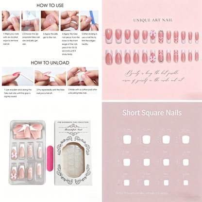 Pink French Tip Press-On Nails – Bows & Hearts, 24pcs