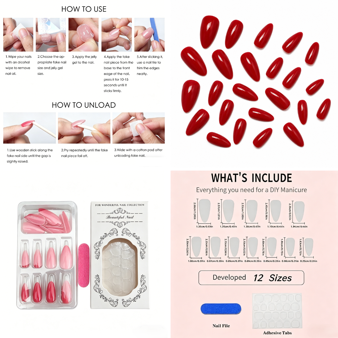 Red Stiletto Press-On Nails – Glossy, 24pcs