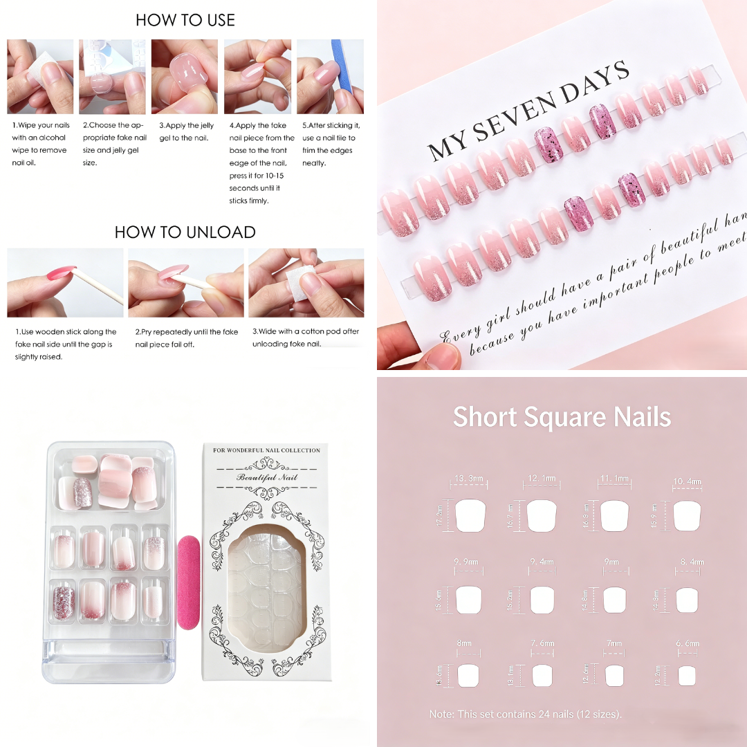 Pink Glitter Gradient Press-On Nails – 24pcs