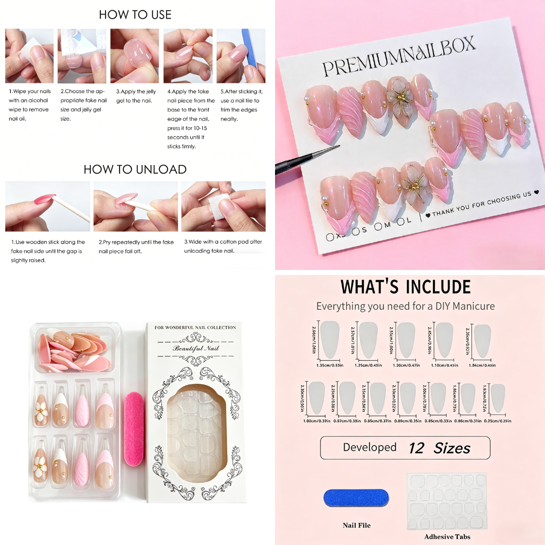 3D Pink French Tip Press-On Nails – Almond, 30pcs