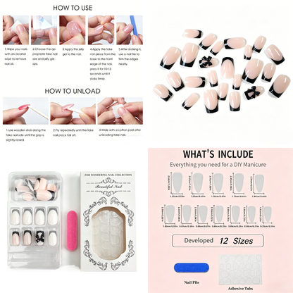 Black French Tip Press-On Nails – 3D Bows, 24pcs