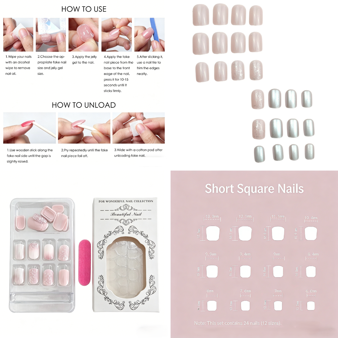 Quiet Luxury Press-On Nails – Blush Glitter Square, 24pcs