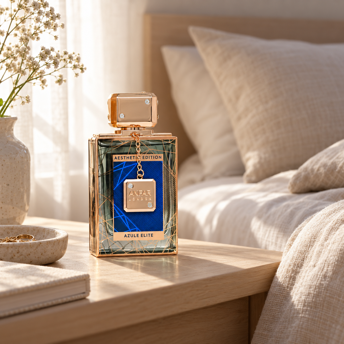 Anfar London Azule Elite perfume bottle on a pale wooden bedside table beside linen bedding in morning light