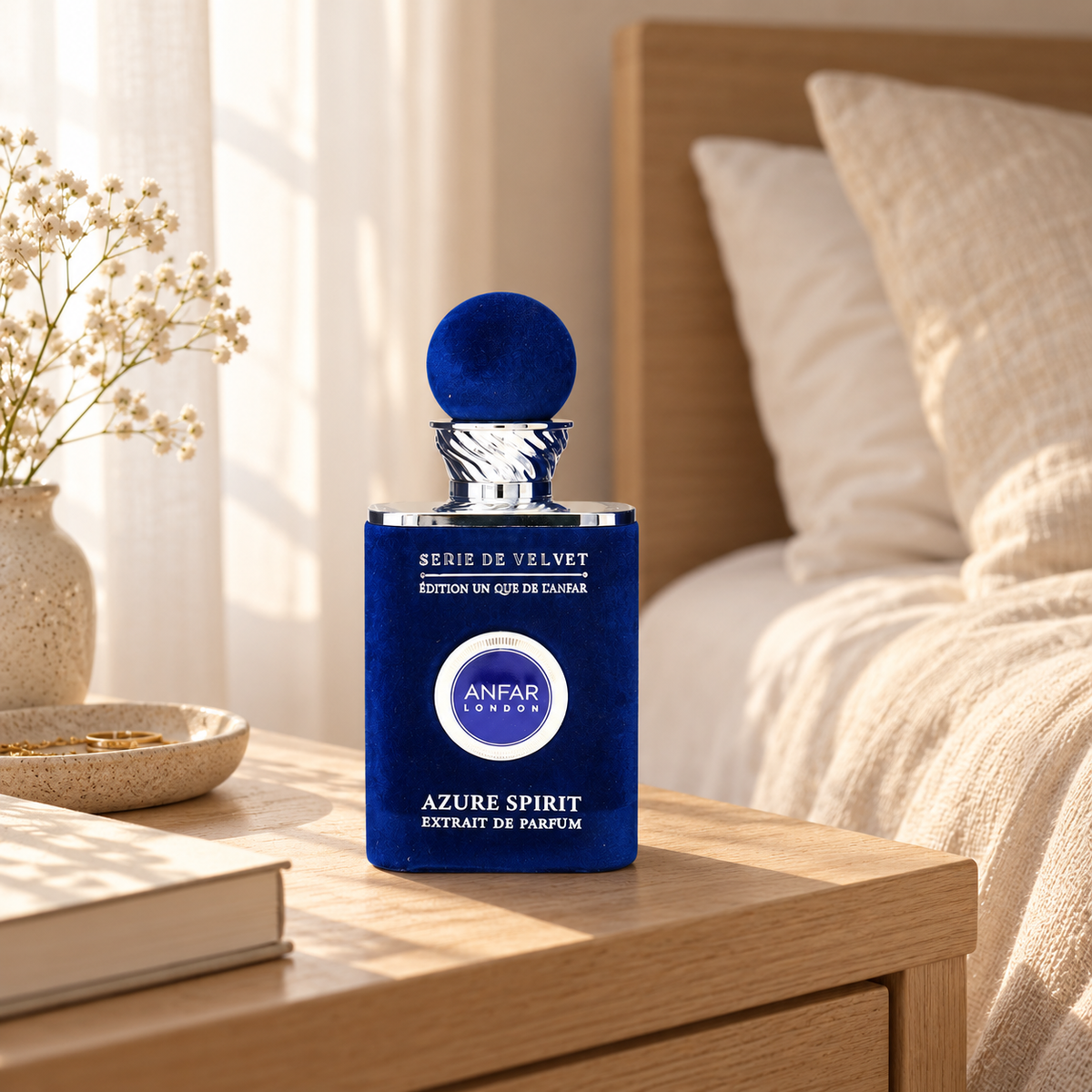 Anfar London Azure Spirit perfume bottle on a pale wooden bedside table beside linen bedding in morning light