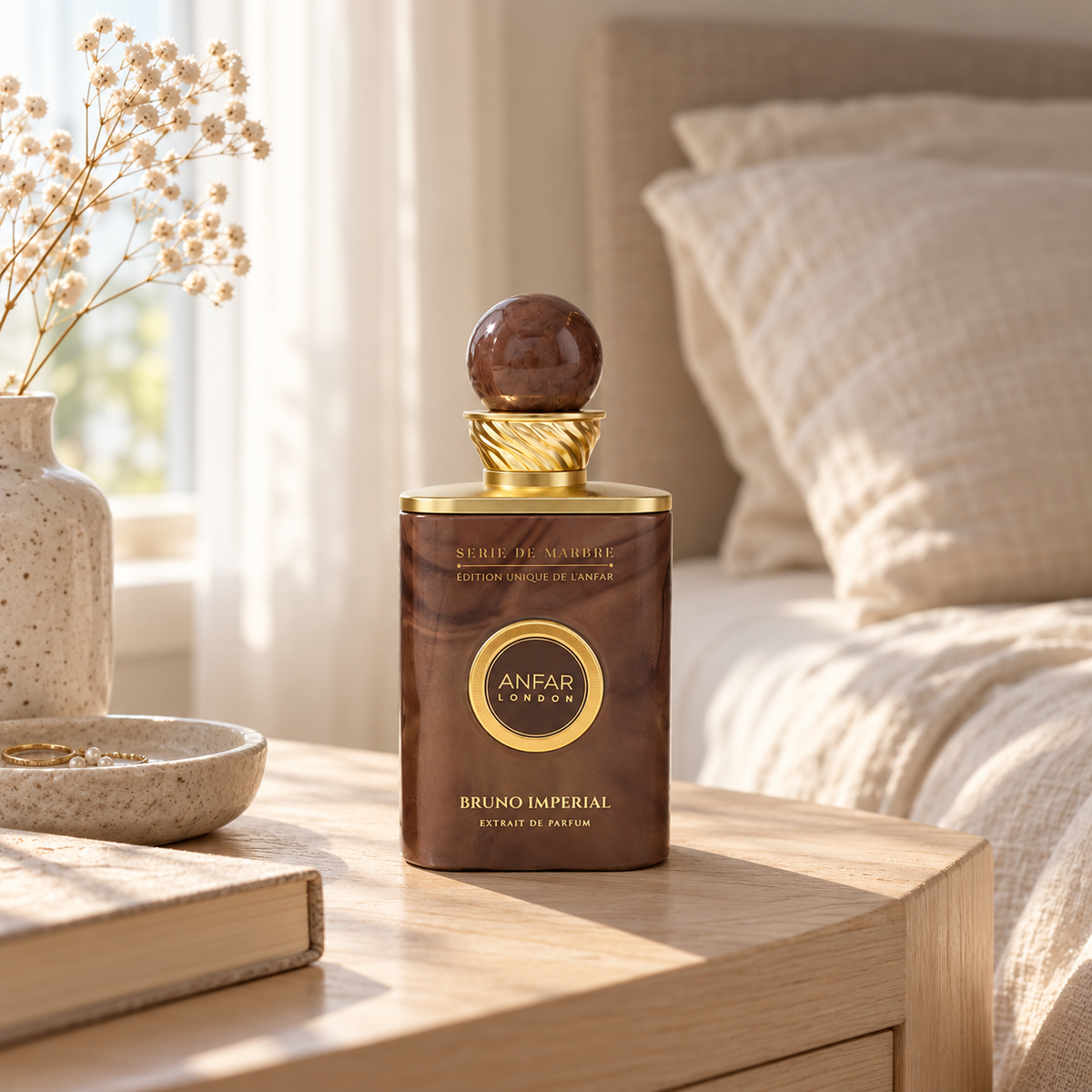 Anfar London Bruno Imperial perfume bottle on a pale wooden bedside table beside linen bedding in morning light