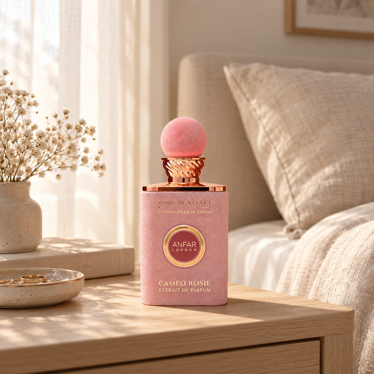 Anfar London Cameo Rosie perfume bottle on a pale wooden bedside table beside linen bedding in morning light