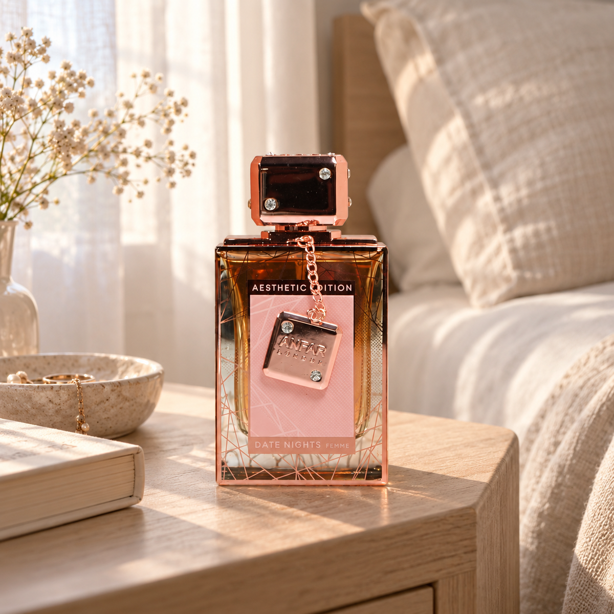 Anfar London Date Nights Femme perfume bottle on a pale wooden bedside table beside linen bedding in morning light