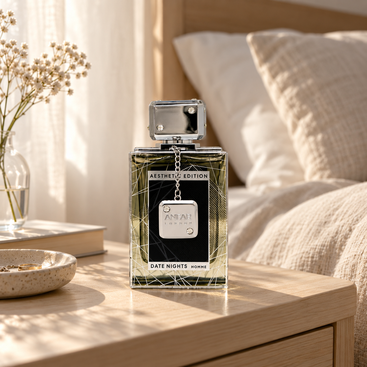 Anfar London Date Nights Pour Homme perfume bottle on a pale wooden bedside table beside linen bedding in morning light