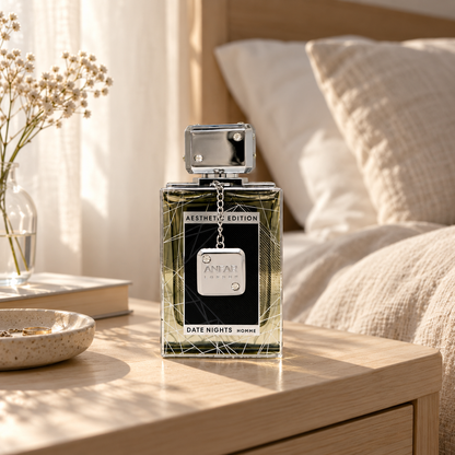 Anfar London Date Nights Pour Homme perfume bottle on a pale wooden bedside table beside linen bedding in morning light