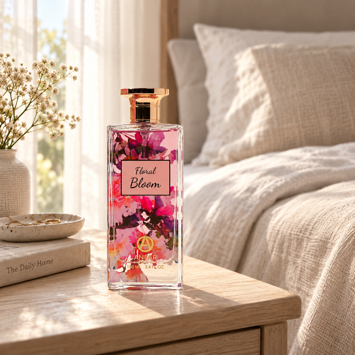 Anfar London Floral Bloom perfume bottle on a pale wooden bedside table beside linen bedding in morning light