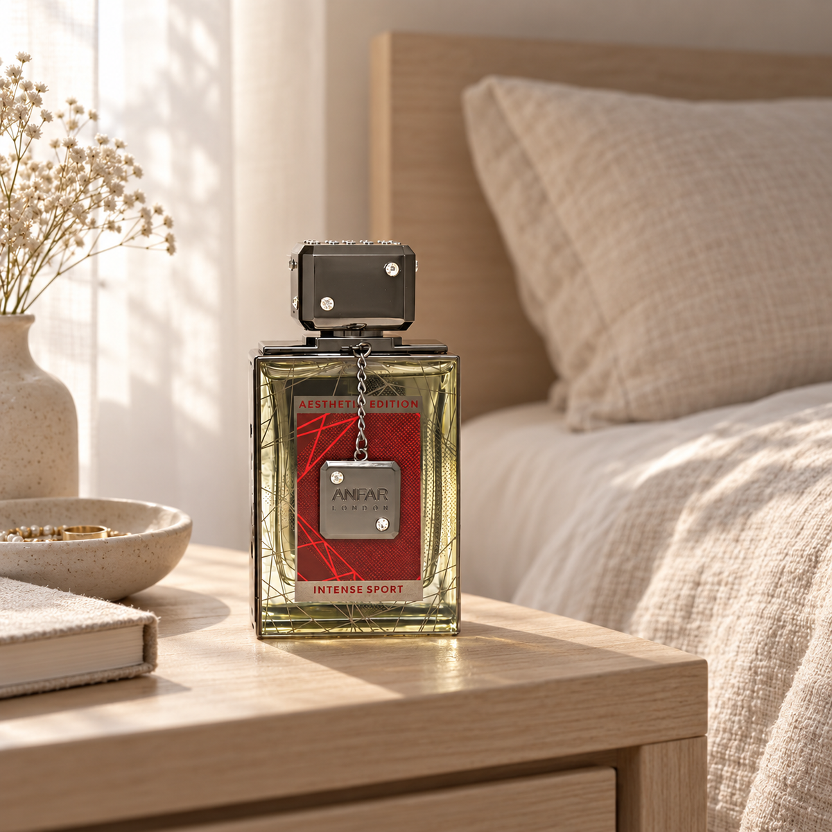 Anfar London Intense Sport perfume bottle on a pale wooden bedside table beside linen bedding in morning light