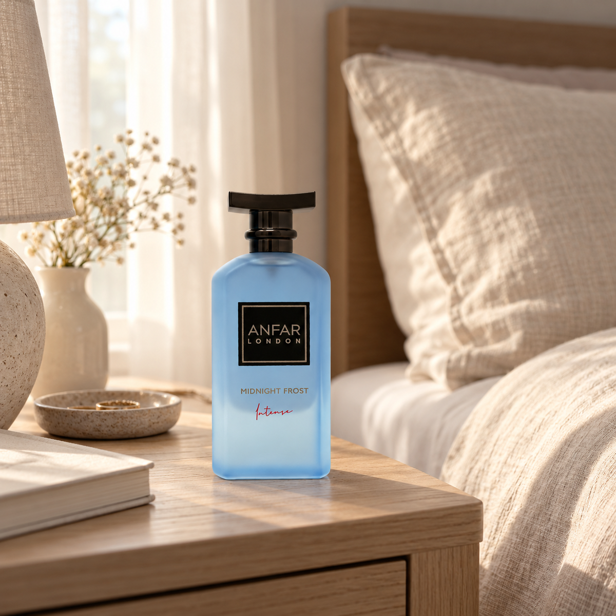 Anfar London Midnight Frost Intense perfume bottle on a pale wooden bedside table beside linen bedding in morning light