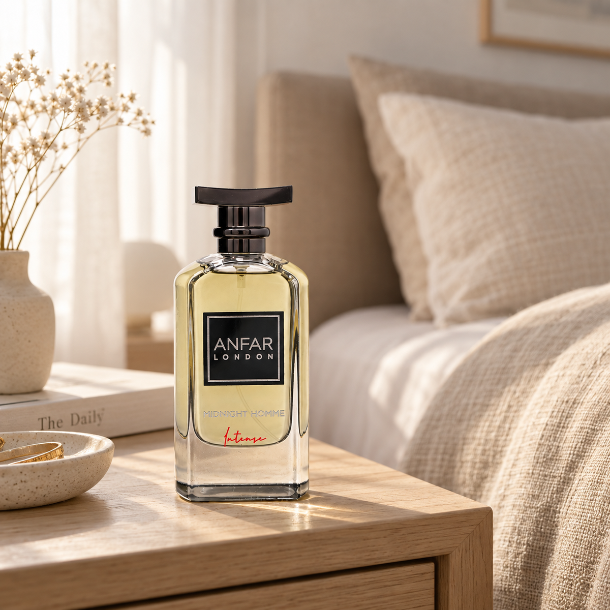 Anfar London Midnight Homme Intense perfume bottle on a pale wooden bedside table beside linen bedding in morning light