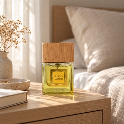 Anfar London Retro Wood perfume bottle on a pale wooden bedside table beside linen bedding in morning light
