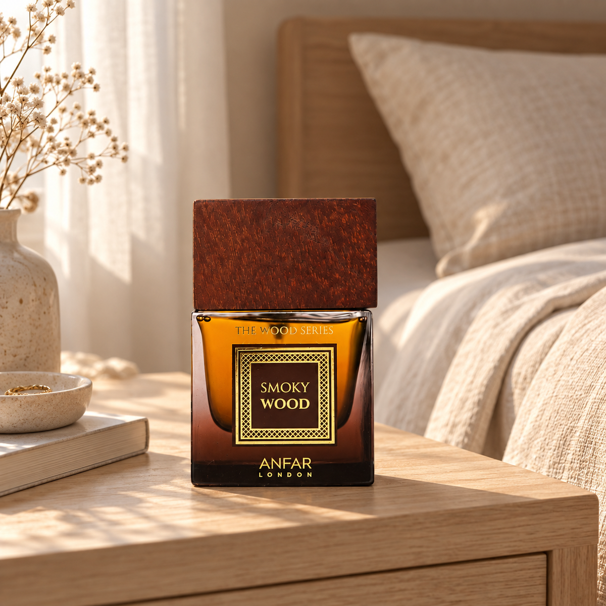 Anfar London Smoky Wood perfume bottle on a pale wooden bedside table beside linen bedding in morning light