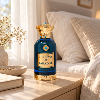 Anfar London The Jewel of Paradise perfume bottle on a pale wooden bedside table beside linen bedding in morning light