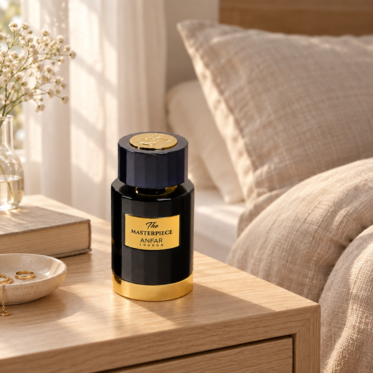 Anfar London The Masterpiece perfume bottle on a pale wooden bedside table beside linen bedding in morning light
