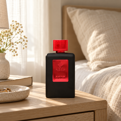 Azha Black Ruby perfume bottle on a pale wooden bedside table beside linen bedding in morning light