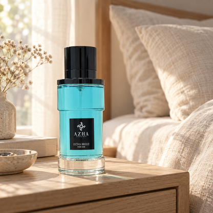 Azha Ocean Breeze perfume bottle on a pale wooden bedside table beside linen bedding in morning light