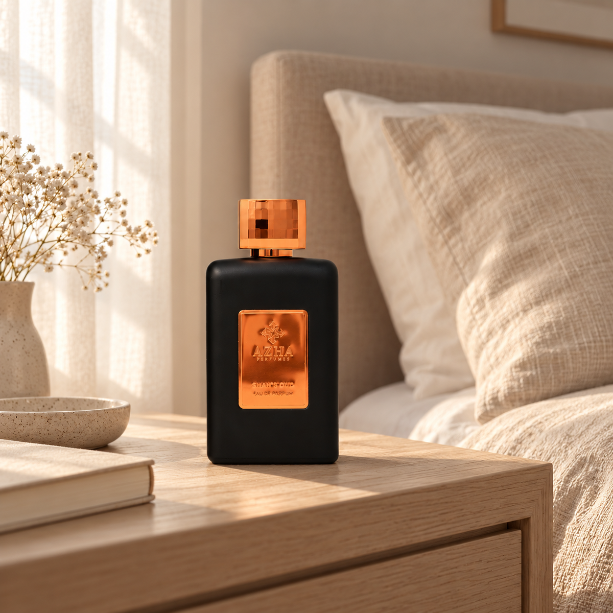 Azha Shah's Oud perfume bottle on a pale wooden bedside table beside linen bedding in morning light