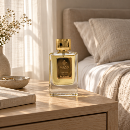 Azha Vetiver Pepper perfume bottle on a pale wooden bedside table beside linen bedding in morning light