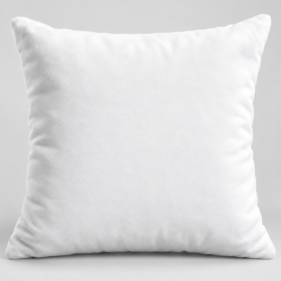 Blank white short plush square pillow showing the fabric and stitching