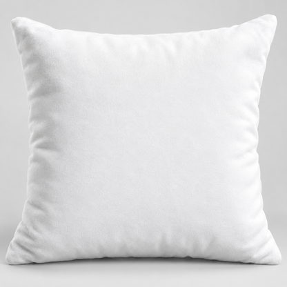 Blank white short plush square pillow showing the fabric and stitching