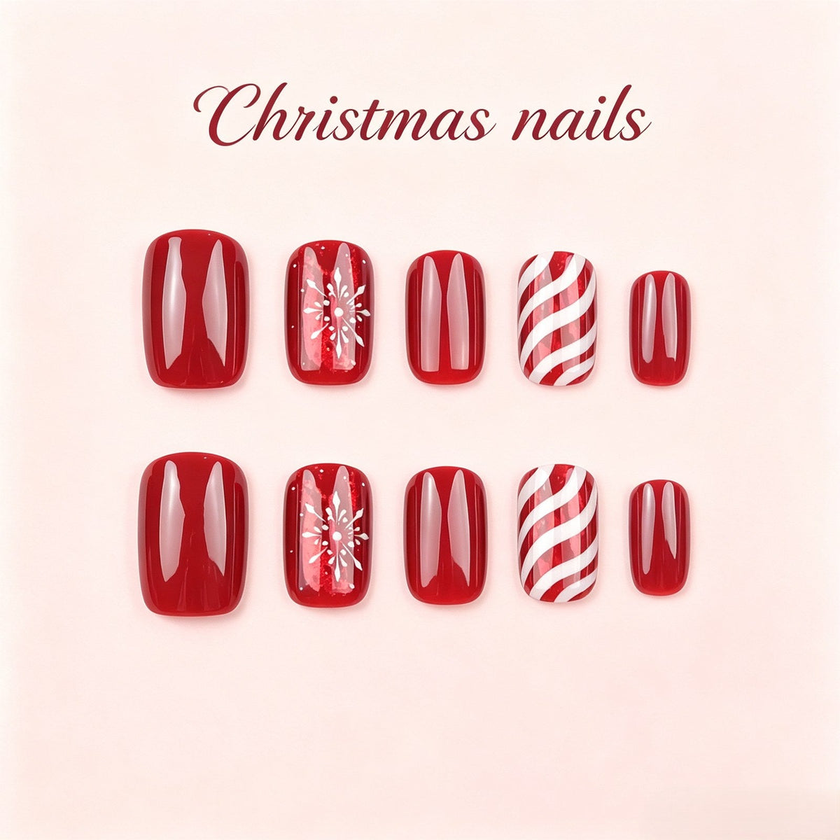 Christmas Candy Cane Press-On Nails – Red Snowflake Square, 24pcs