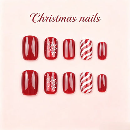 Christmas Candy Cane Press-On Nails – Red Snowflake Square, 24pcs
