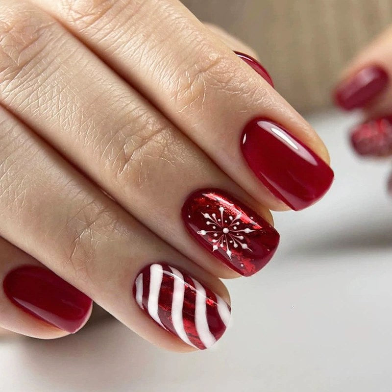 Christmas Candy Cane Press-On Nails – Red Snowflake Square, 24pcs