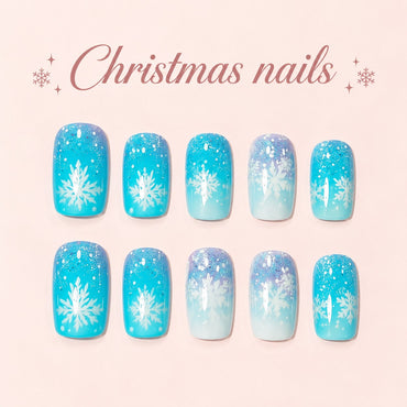 Christmas Snowflake Press-On Nails – Icy Blue Ombre Square, 24pcs