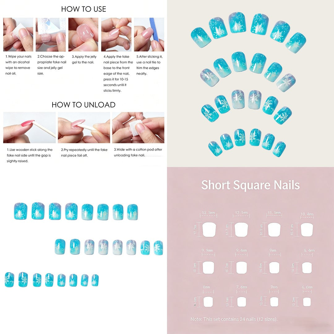 Christmas Snowflake Press-On Nails – Icy Blue Ombre Square, 24pcs