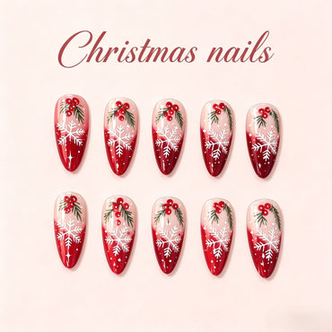 Christmas Snowflake and Holly Press-On Nails – Red Almond, 24pcs