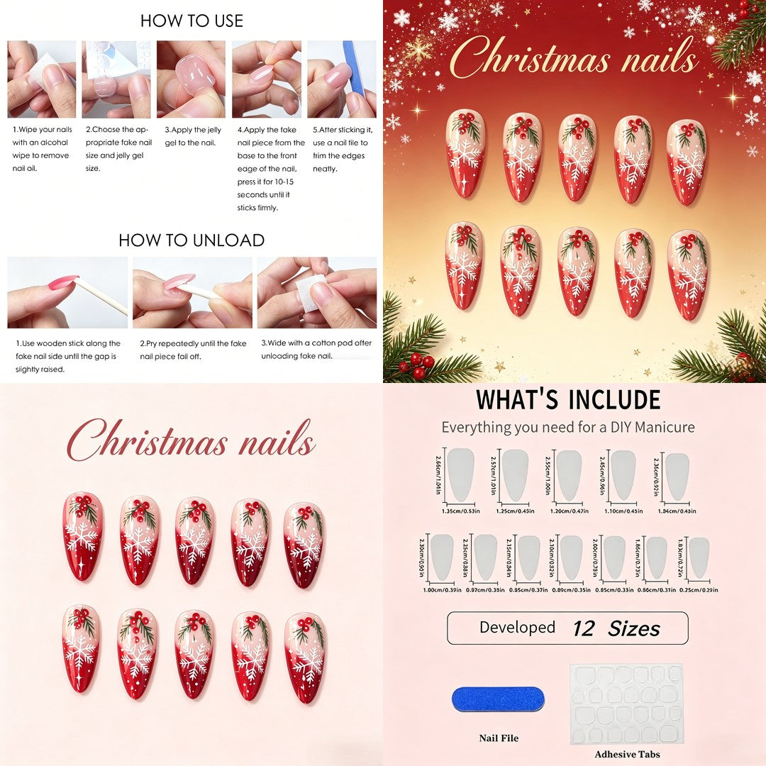 Christmas Snowflake and Holly Press-On Nails – Red Almond, 24pcs