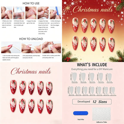Christmas Snowflake and Holly Press-On Nails – Red Almond, 24pcs