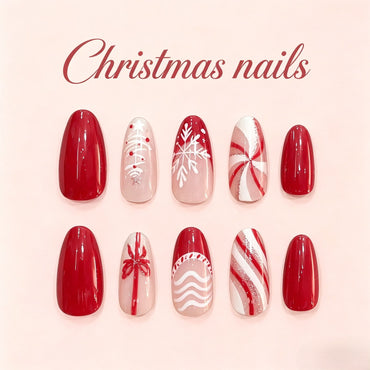 Christmas Bow and Candy Cane Press-On Nails – Red Almond, 24pcs