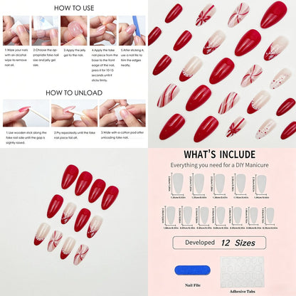 Christmas Bow and Candy Cane Press-On Nails – Red Almond, 24pcs