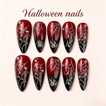 Halloween Spider Web Press-On Nails – Deep Red Almond, 24pcs