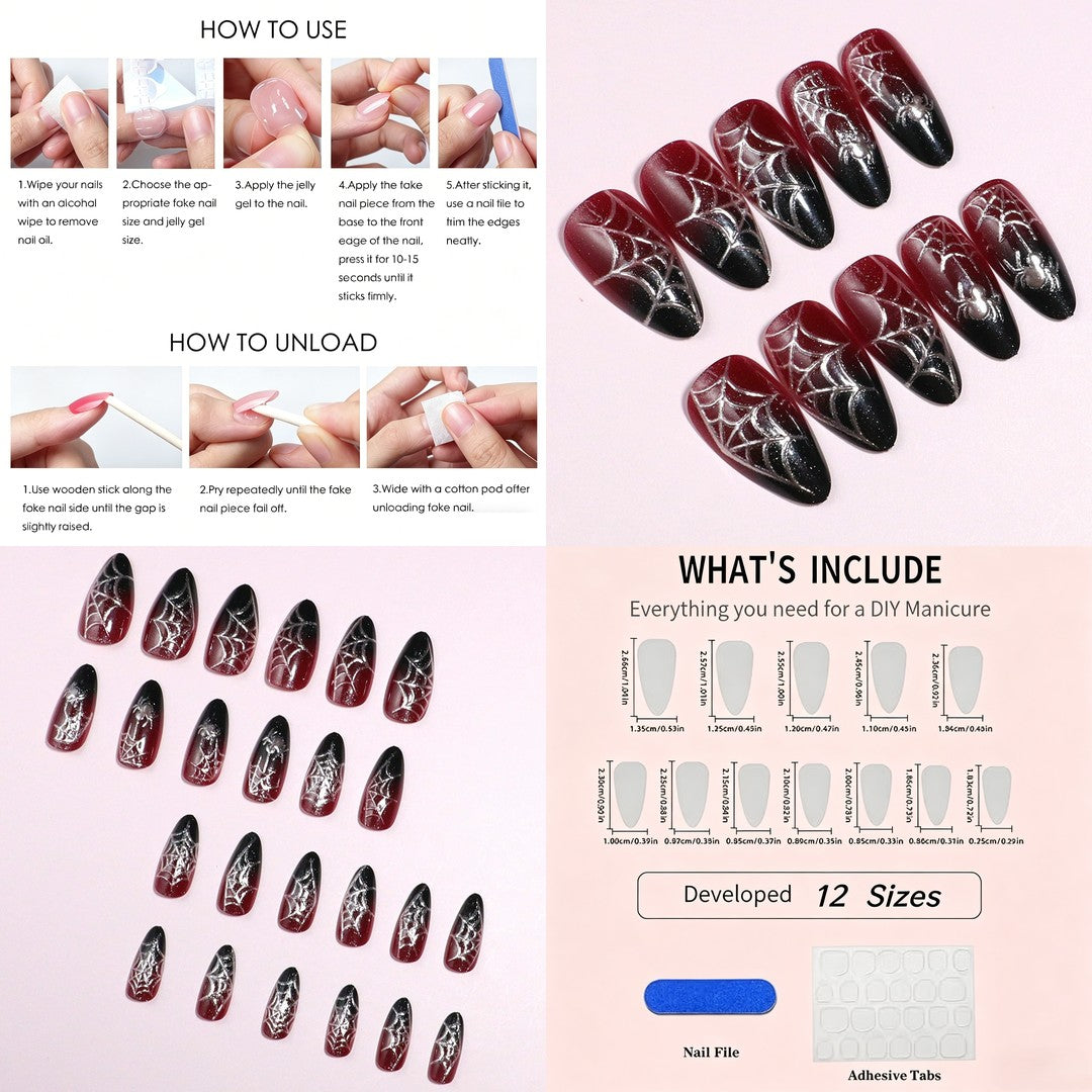 Halloween Spider Web Press-On Nails – Deep Red Almond, 24pcs