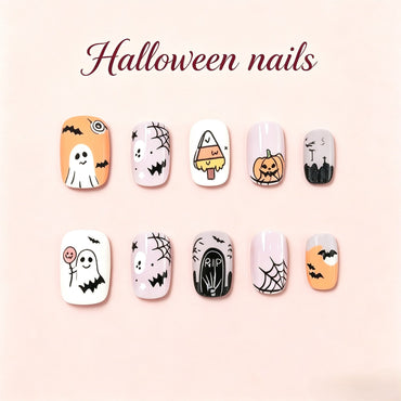Halloween Candy Corn and Ghost Press-On Nails – Mix Square, 24pcs