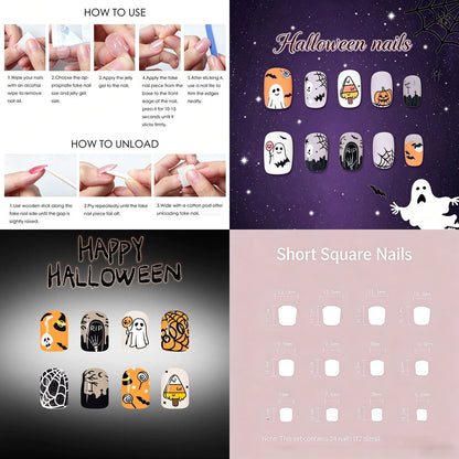 Halloween Candy Corn and Ghost Press-On Nails – Mix Square, 24pcs