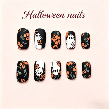 Halloween Ghost and Blossom Press-On Nails – Black Square, 24pcs
