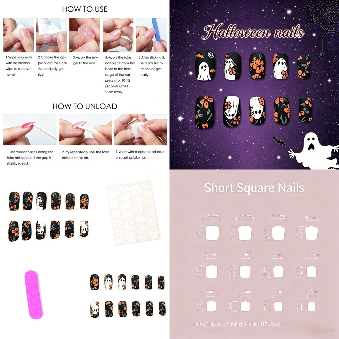 Halloween Ghost and Blossom Press-On Nails – Black Square, 24pcs