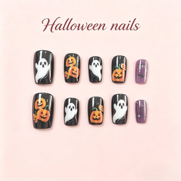 Halloween Ghost and Pumpkin Press-On Nails – Black Square, 24pcs