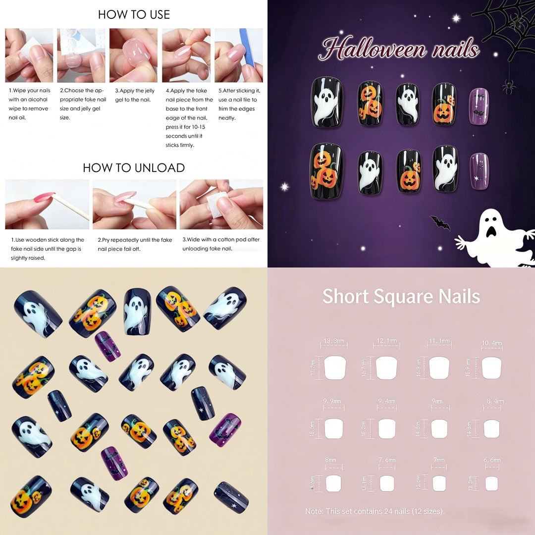 Halloween Ghost and Pumpkin Press-On Nails – Black Square, 24pcs