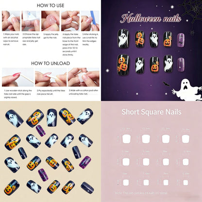 Halloween Ghost and Pumpkin Press-On Nails – Black Square, 24pcs