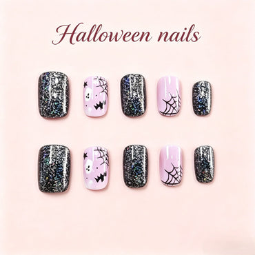 Halloween Bat and Spider Web Press-On Nails – Black Glitter Square, 24pcs