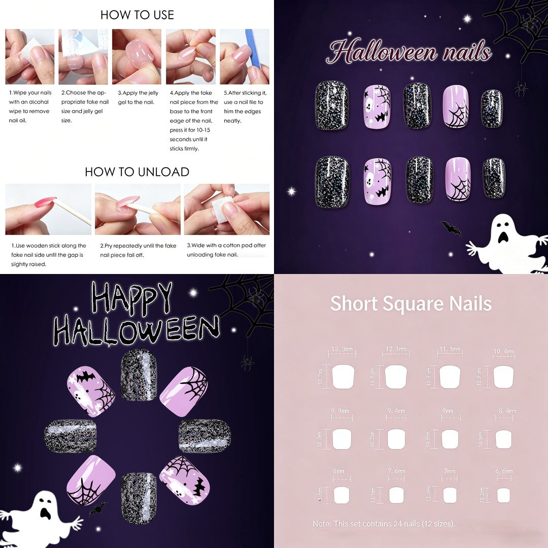Halloween Bat and Spider Web Press-On Nails – Black Glitter Square, 24pcs