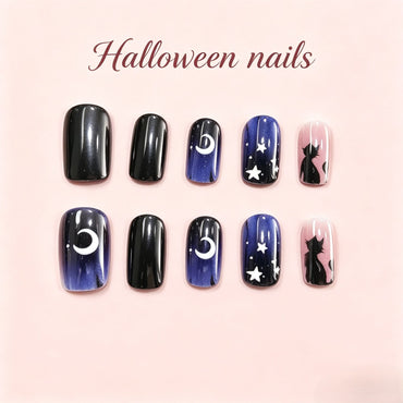 Black Cat and Moon Press-On Nails – Midnight Square, 24pcs