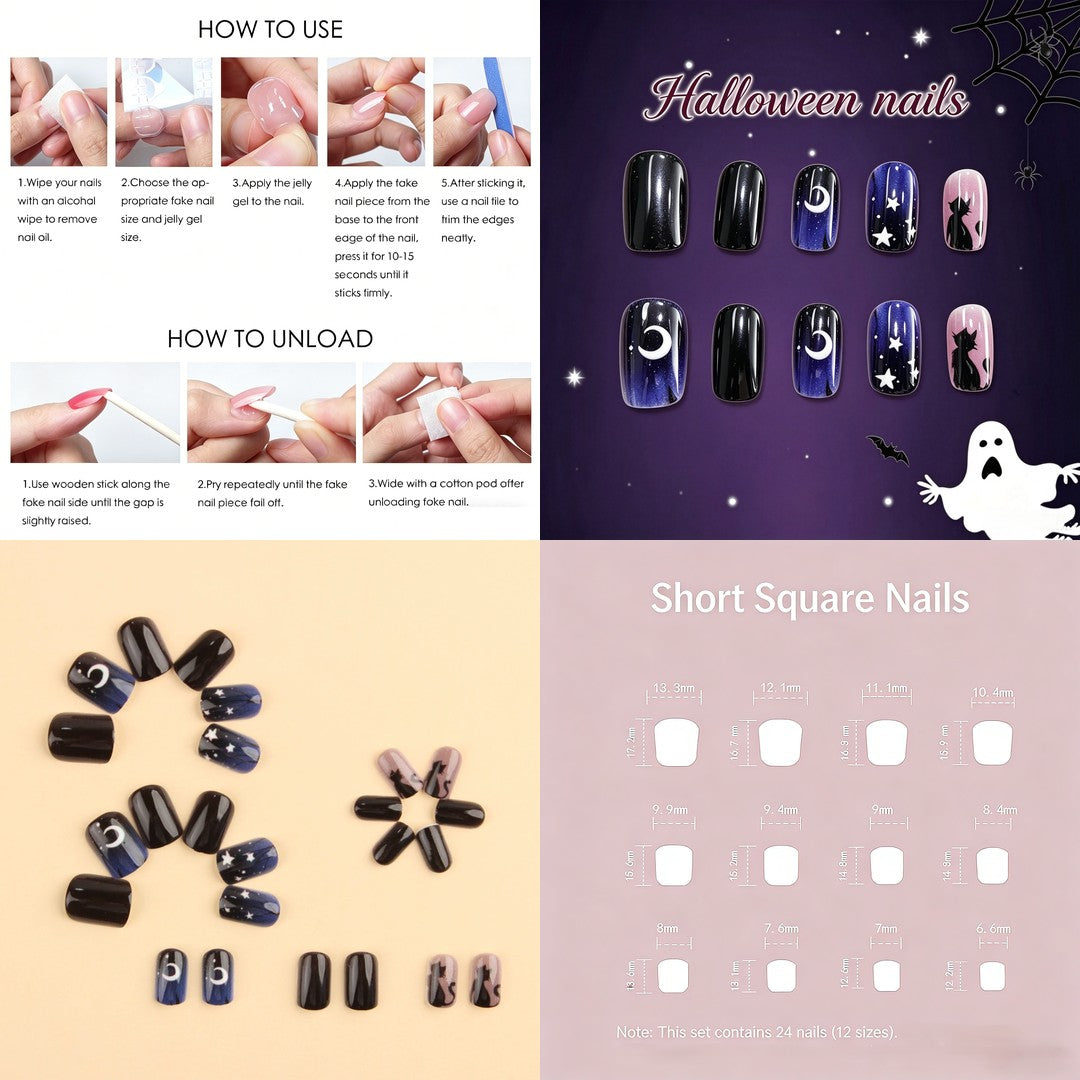Black Cat and Moon Press-On Nails – Midnight Square, 24pcs